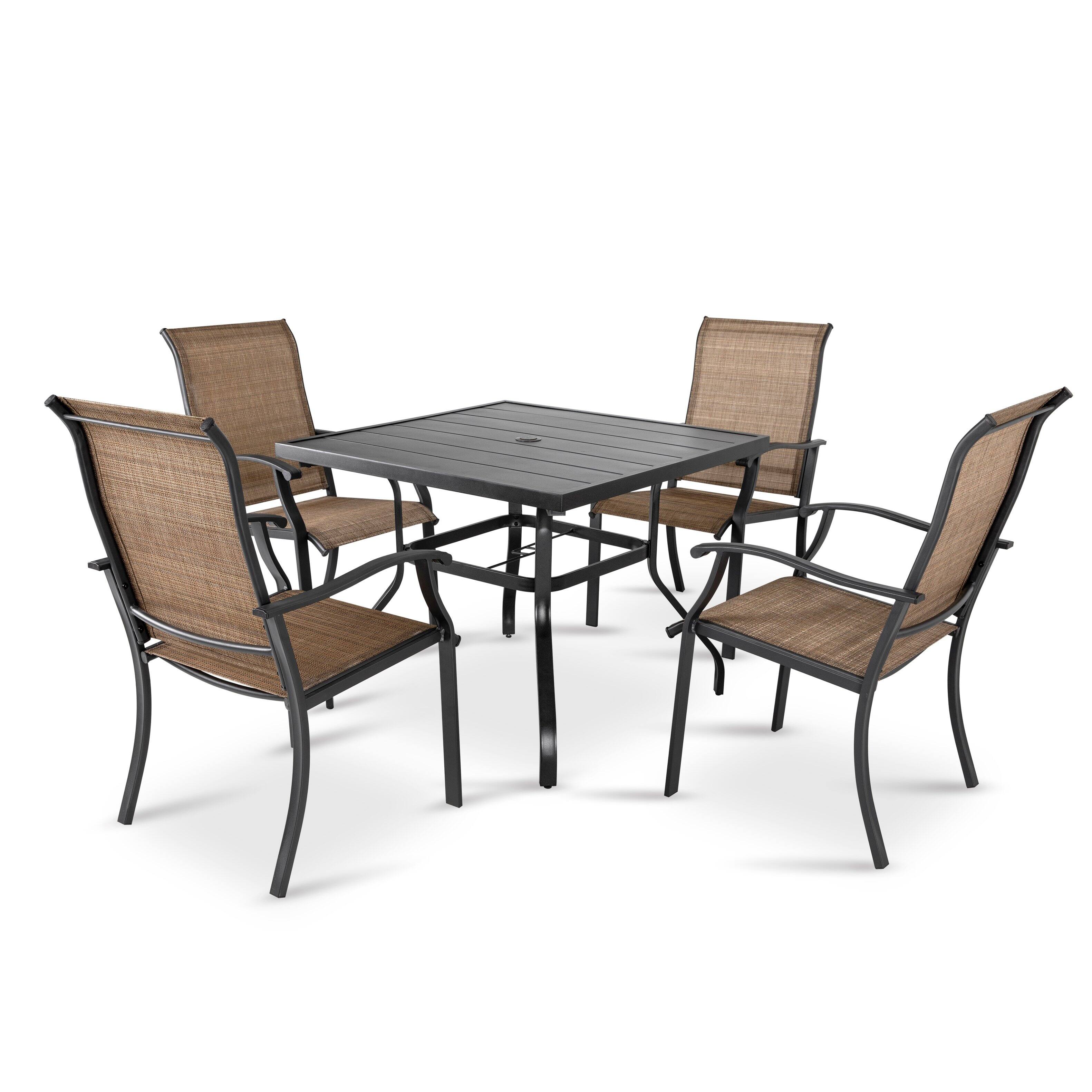 Front. Nuu Garden - Outdoor 5-Piece Iron Dining Set, 4 Textilene Dining Chairs and 37 Inch Square Dining Table with Umbrella Hole - Black and Brown.