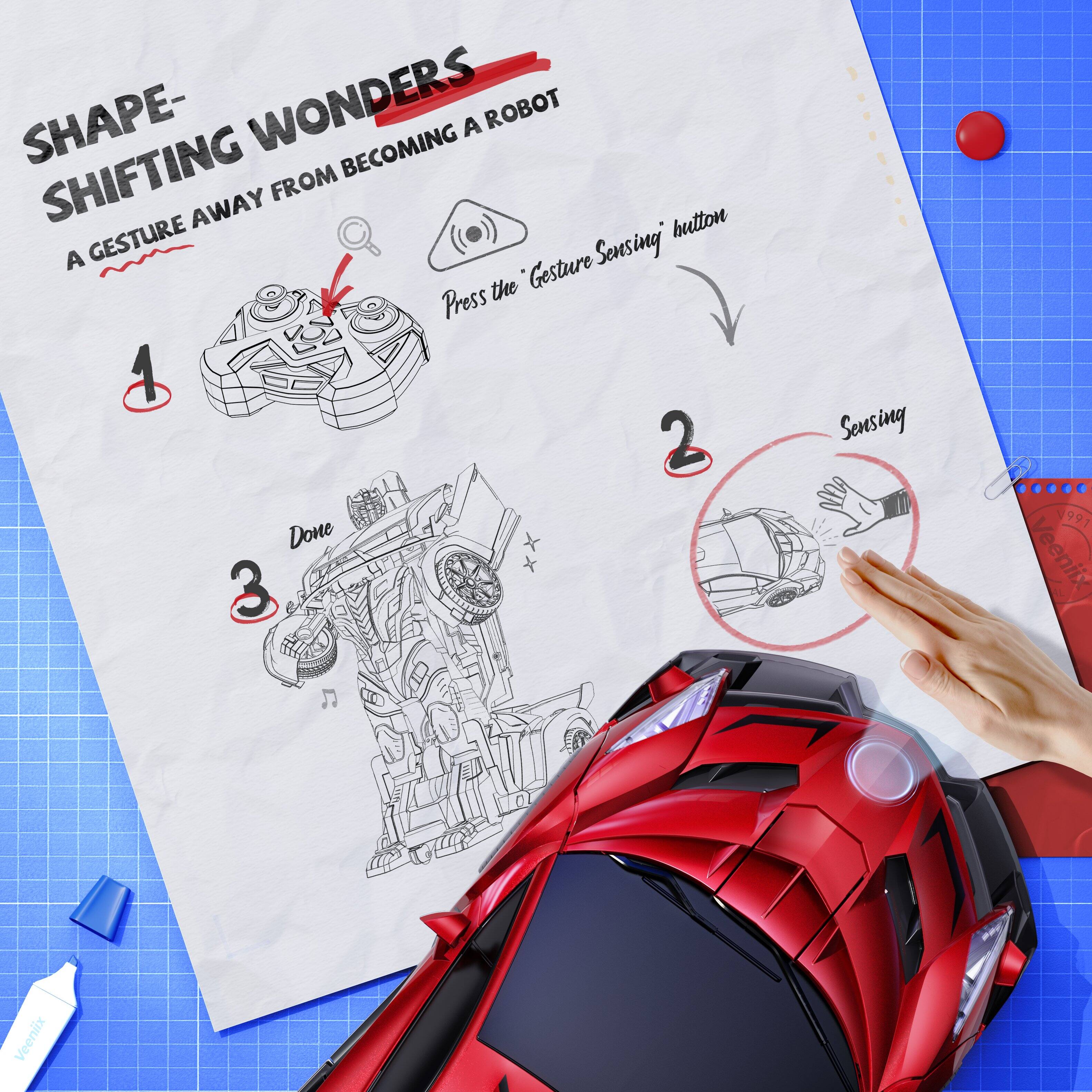 SHAPE-SHIFTING WONDERS  
A GESTURE AWAY FROM BECOMING A ROBOT  

1. Press the Gesture Sensing button  
2. Sensing  
3. Done