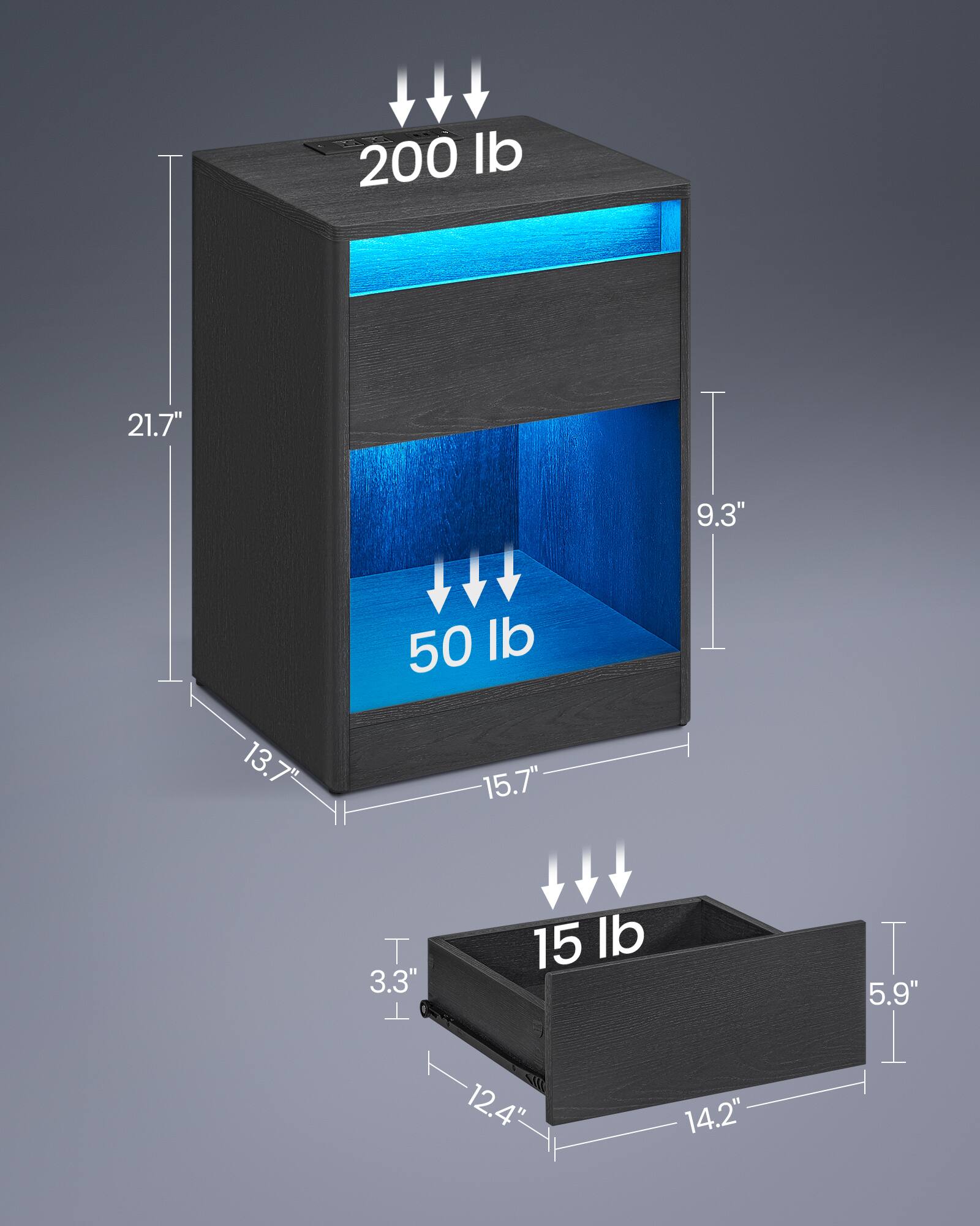 200 lb  
21.7" x 13.7" x 9.3"  

50 lb  
15.7" x 12.4" x 5.9"  

15 lb  
14.2" x 12.4" x 3.3"