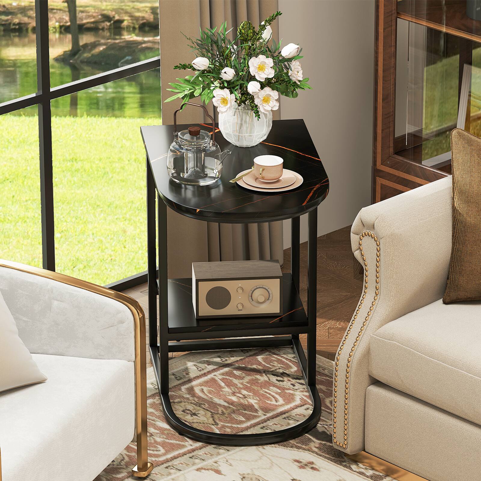 Alt View 4. Costway - Costway 2PCS C-shaped End Table Modern Sofa Side Table w/ Faux Marble Tabletop & Storage Shelf - Black.