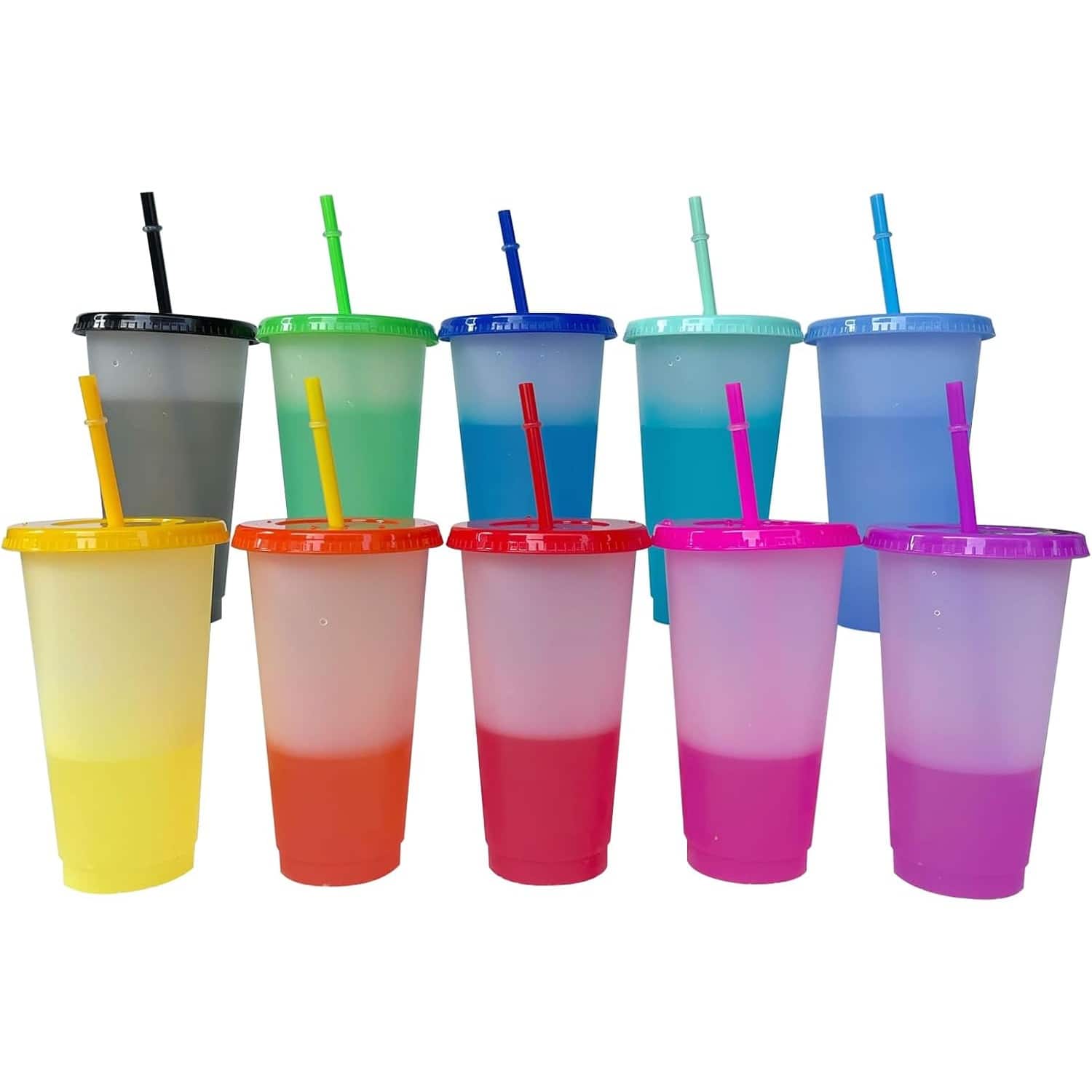 PARKER SLATER - 10-pack 24oz color-changing cups with lids and straws, reusable plastic tumblers for iced coffee, water, and travel - Multicolor