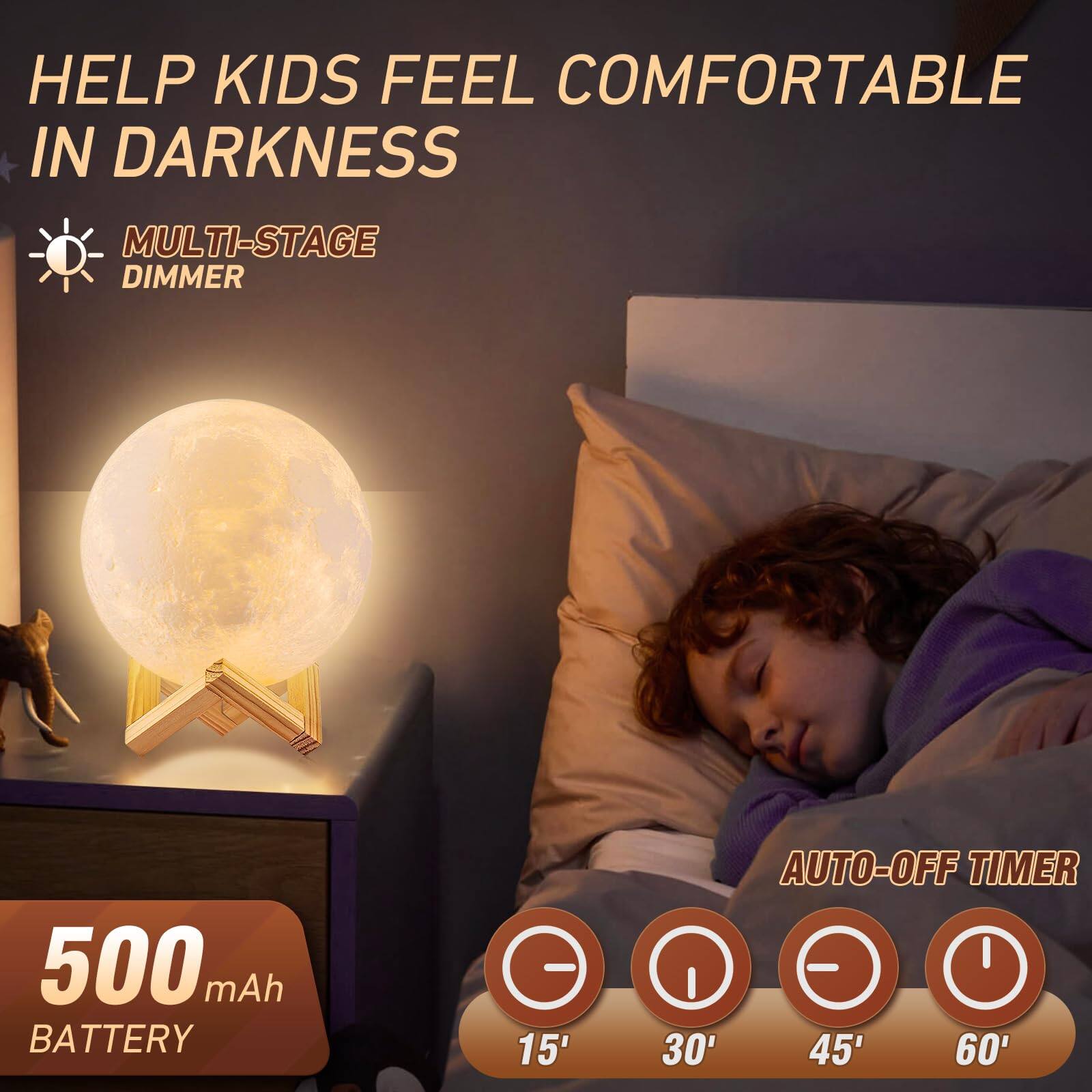 HELP KIDS FEEL COMFORTABLE IN DARKNESS

MULTI-STAGE DIMMER

500 mAh BATTERY

AUTO-OFF TIMER
15' 30' 45' 60'