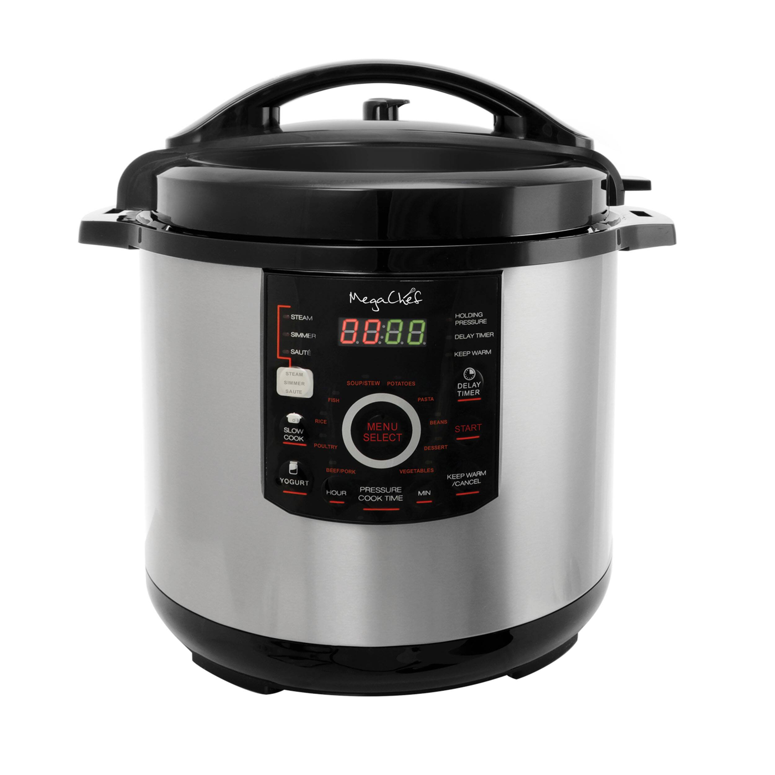 Megachef STEAM HOLDING PRESSURE SMMER 8.8:8.8 DELAY TIMER SAUCE KEEP WARM SOUPSTER POTATOES FISHES PASTA DELAY TIME MENU SELECT READY START DESSERT HOUR PRESSURE COOK TIME