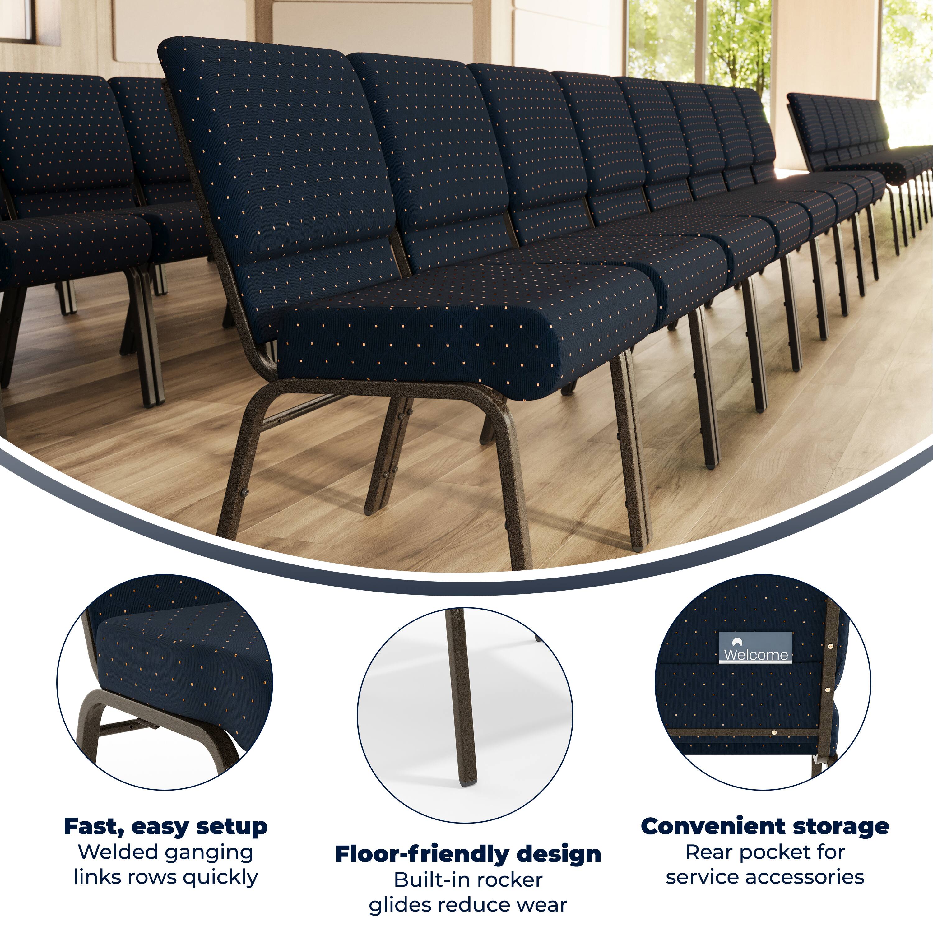 Welcome

Fast, easy setup  
Welded ganging links rows quickly

Convenient storage  
Rear pocket for service accessories

Floor-friendly design  
Built-in rocker glides reduce wear