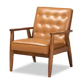 Baxton Studio - Sorrento Mid-Century Modern Tan Faux Leather Upholstered and Walnut Finished Wood Lounge Chair - Tan/walnut brown