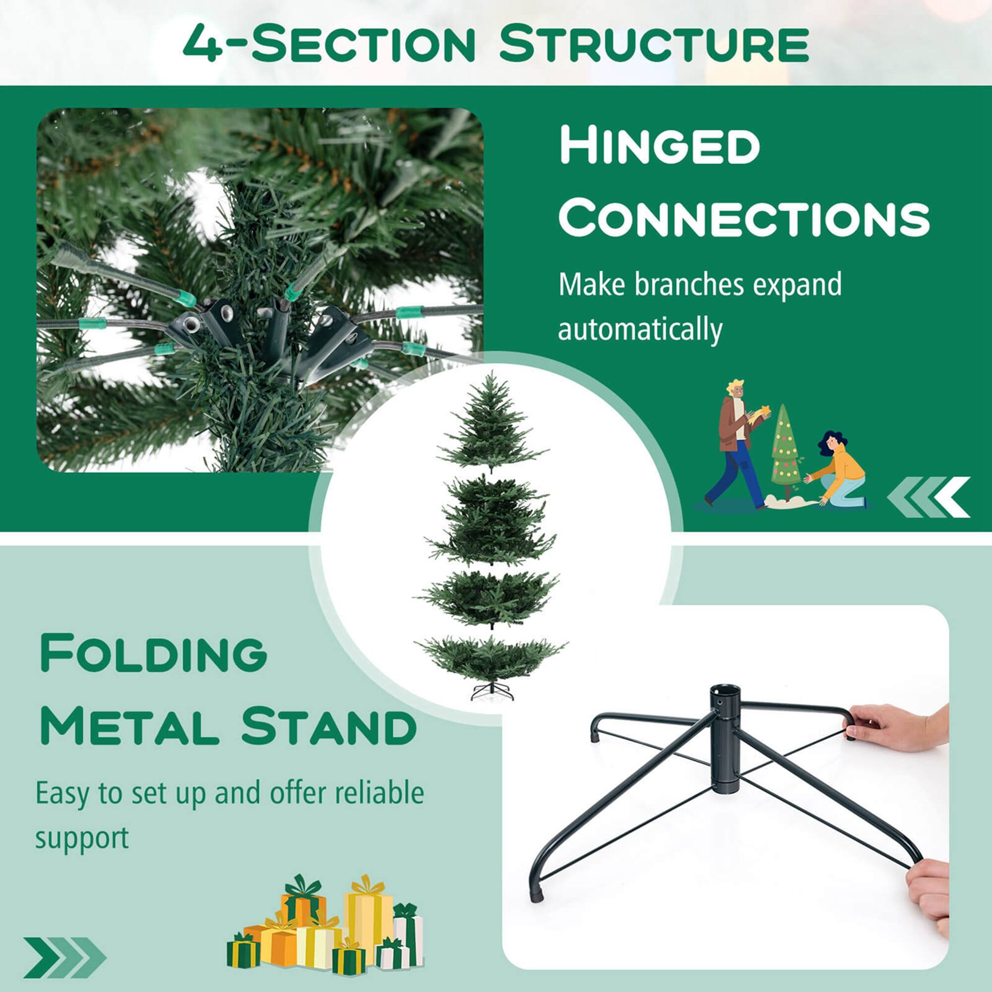 4-SECTION STRUCTURE

HINGED CONNECTIONS
Make branches expand automatically

FOLDING METAL STAND
Easy to set up and offer reliable support
