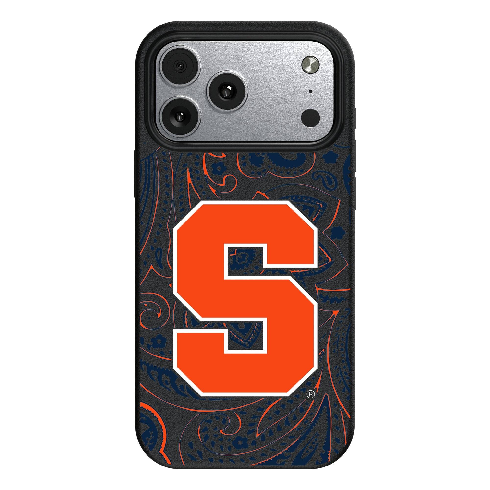 Front. Keyscaper - Syracuse Orange Paisley iPhone Magnetic Bump Case - 16 Pro Max - Black.