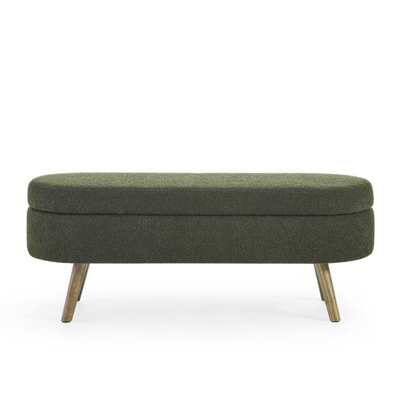 Alt View 1. HTUTWOO - 43.5" Ottoman Storage Bench - Oval Upholstered Linen Fabric Footrest Bench with Wood Legs, End of Bed for Living Room - Green.