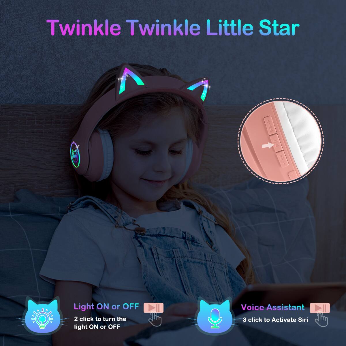Twinkle Twinkle Little Star

Light ON or OFF
2 click to turn the light ON or OFF

Voice Assistant
3 click to Activate Siri