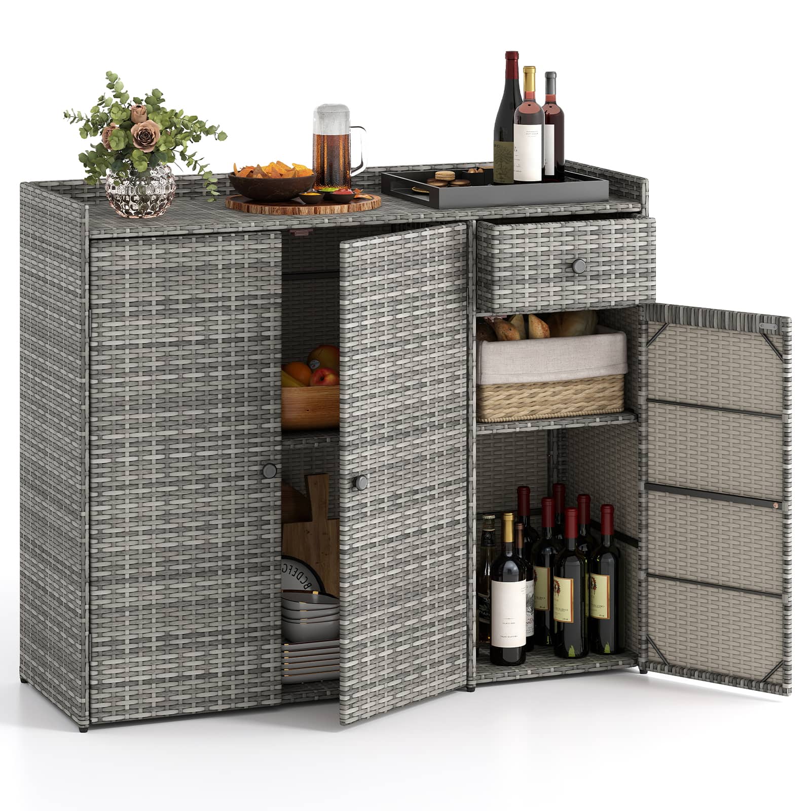 Costway - Outdoor PE Wicker Storage Cabinet with 3 Doors Adjustable Shelves and Drawer - Mix Gray price history on PriceWatchPro