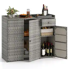 Costway - Outdoor PE Wicker Storage Cabinet with 3 Doors Adjustable Shelves and Drawer - Mix Gray