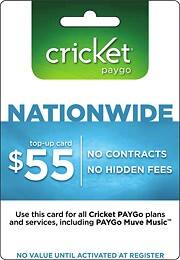 Front Large. Cricket - MUVE Monthly (Immediate Delivery) $55 Smart Phone Talk/Text/Data Payment Code.