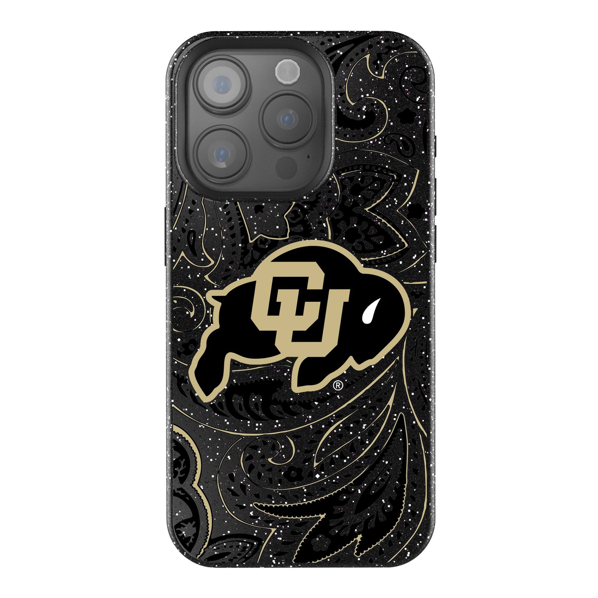 Front. Keyscaper - Colorado Buffaloes Paisley Bling iPhone Case - 16 Plus - Black.