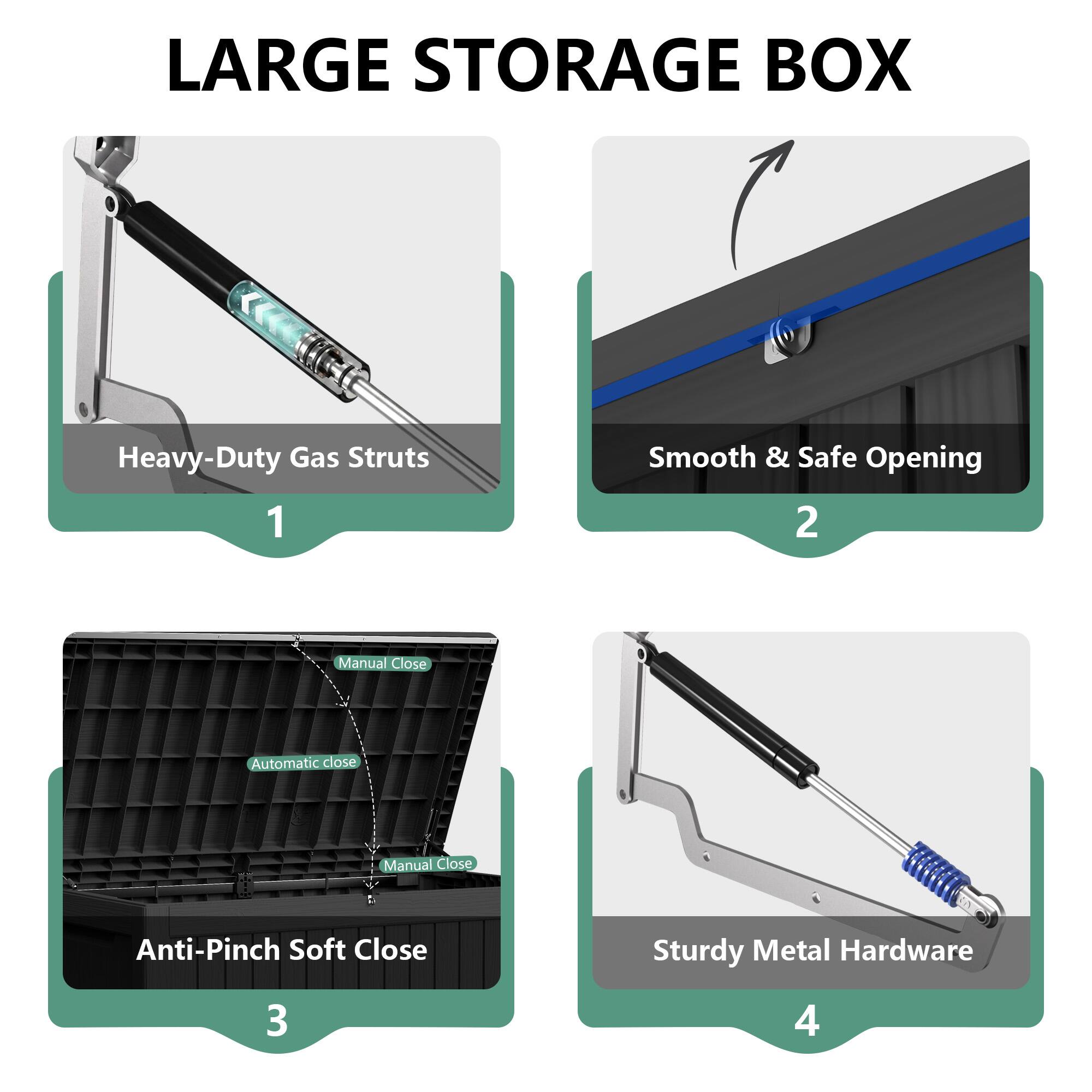 LARGE STORAGE BOX

1. Heavy-Duty Gas Struts
2. Smooth & Safe Opening
3. Anti-Pinch Soft Close
4. Sturdy Metal Hardware