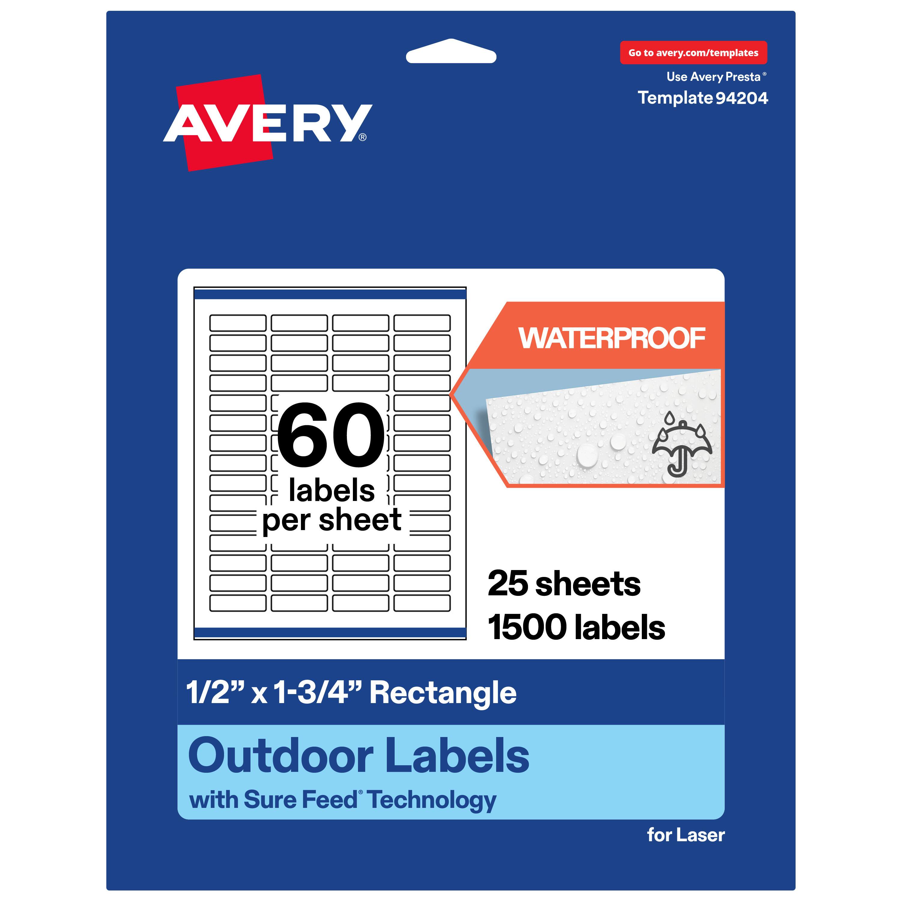 Go to avery.com/templates  
Use Avery Presta* Template 94204  

WATERPROOF  
60 labels per sheet  
25 sheets  
1500 labels  
1/2" x 1-3/4" Rectangle  
Outdoor Labels with Sure Feed Technology for Laser