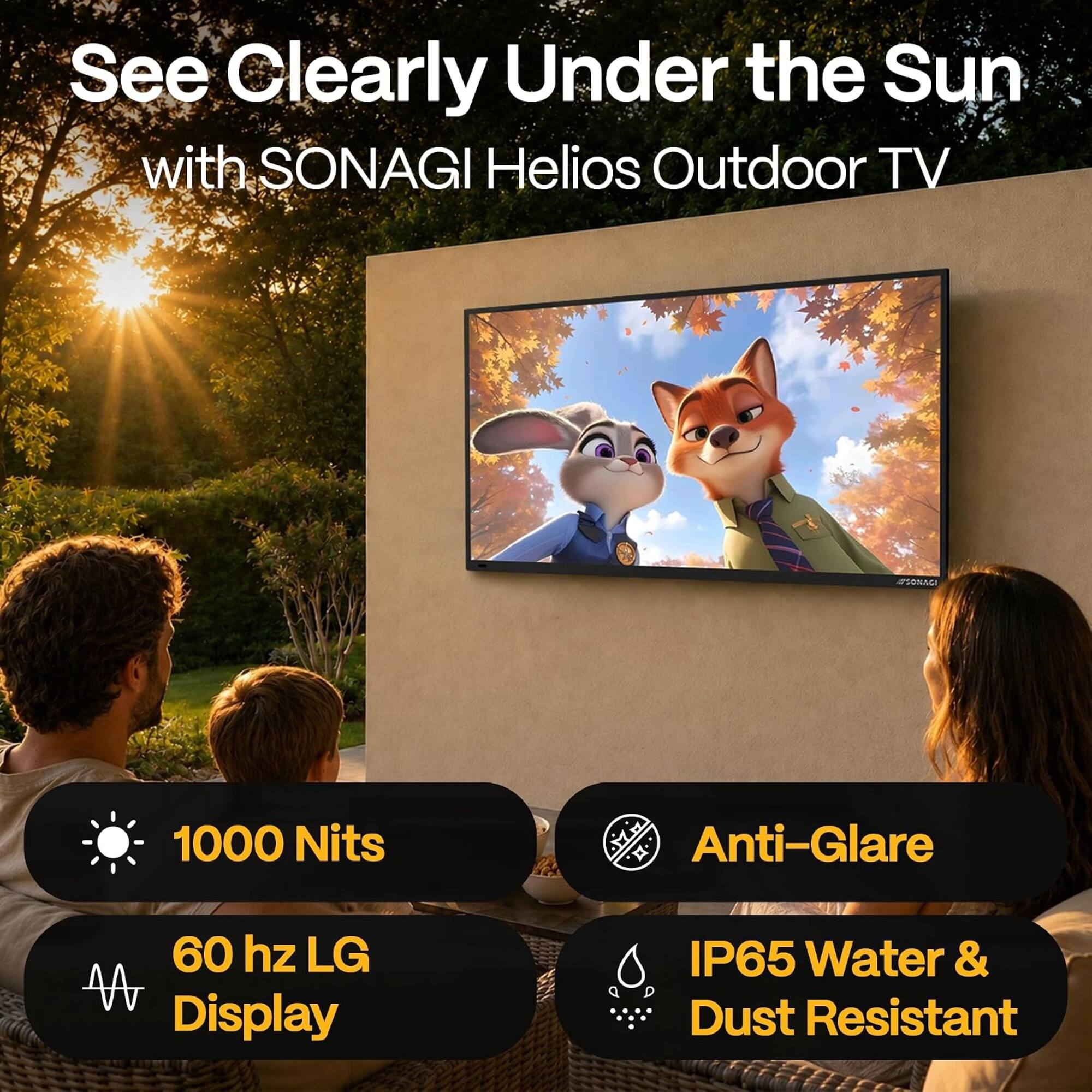 See Clearly Under the Sun with SONAGI Helios Outdoor TV

- 1000 Nits
- Anti-Glare
- 60 Hz LG Display
- IP65 Water & Dust Resistant