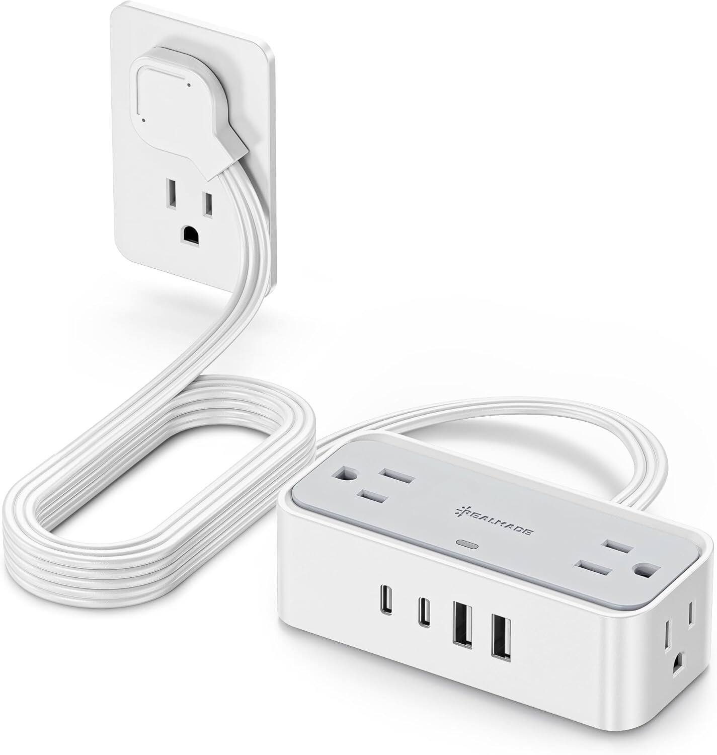 Front. MOSZAR LLC - 10FT Flat Plug Power Strip – 4 Outlets, 4 USB, Surge Protector, White/Gray - white.