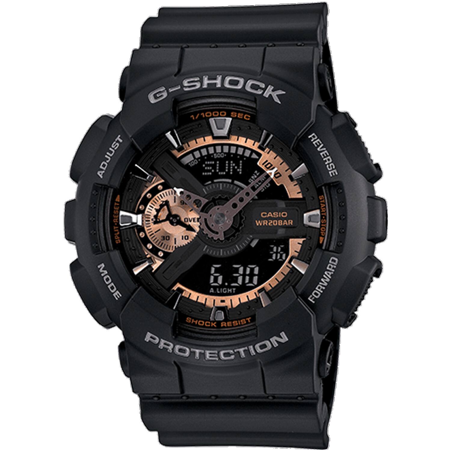 G-SHOCK 1/1000 SEC ADJUST 100 SUN S00- ZNS DO D REVERSE ALIE I CASIO START- OVER SPLIT-RESET 30 I 10 WR20BAR STOP 3 MODE 6.30 FORWARD A.LIGHT SHOCK RESIST PROTECTION