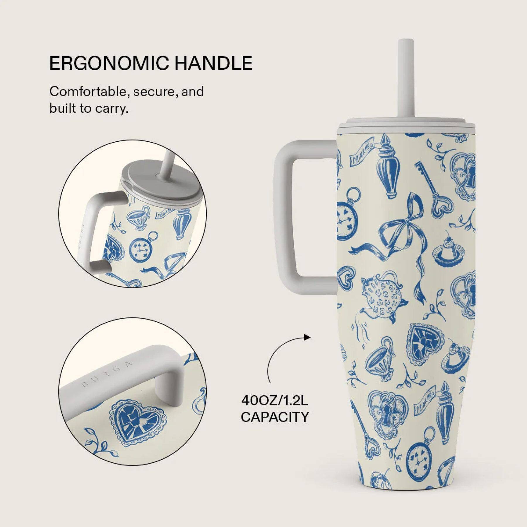 ERGONOMIC HANDLE  
Comfortable, secure, and built to carry.

CLNRA BURGA  
400OZ/1.2L CAPACITY