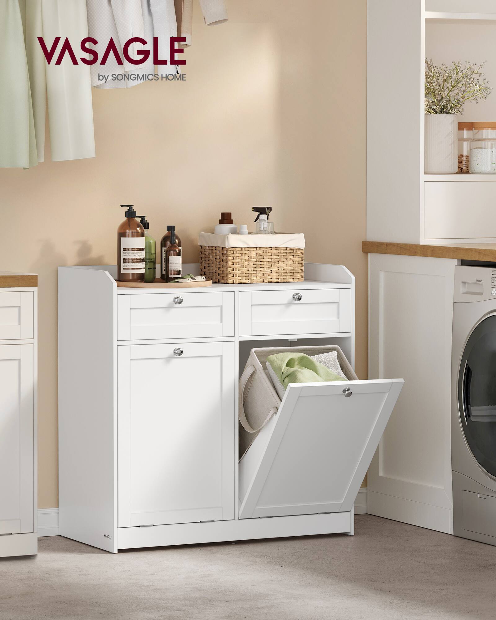 Songmics Home Laundry Cabinet with Tilt Out Basket,Freestanding Storage ...
