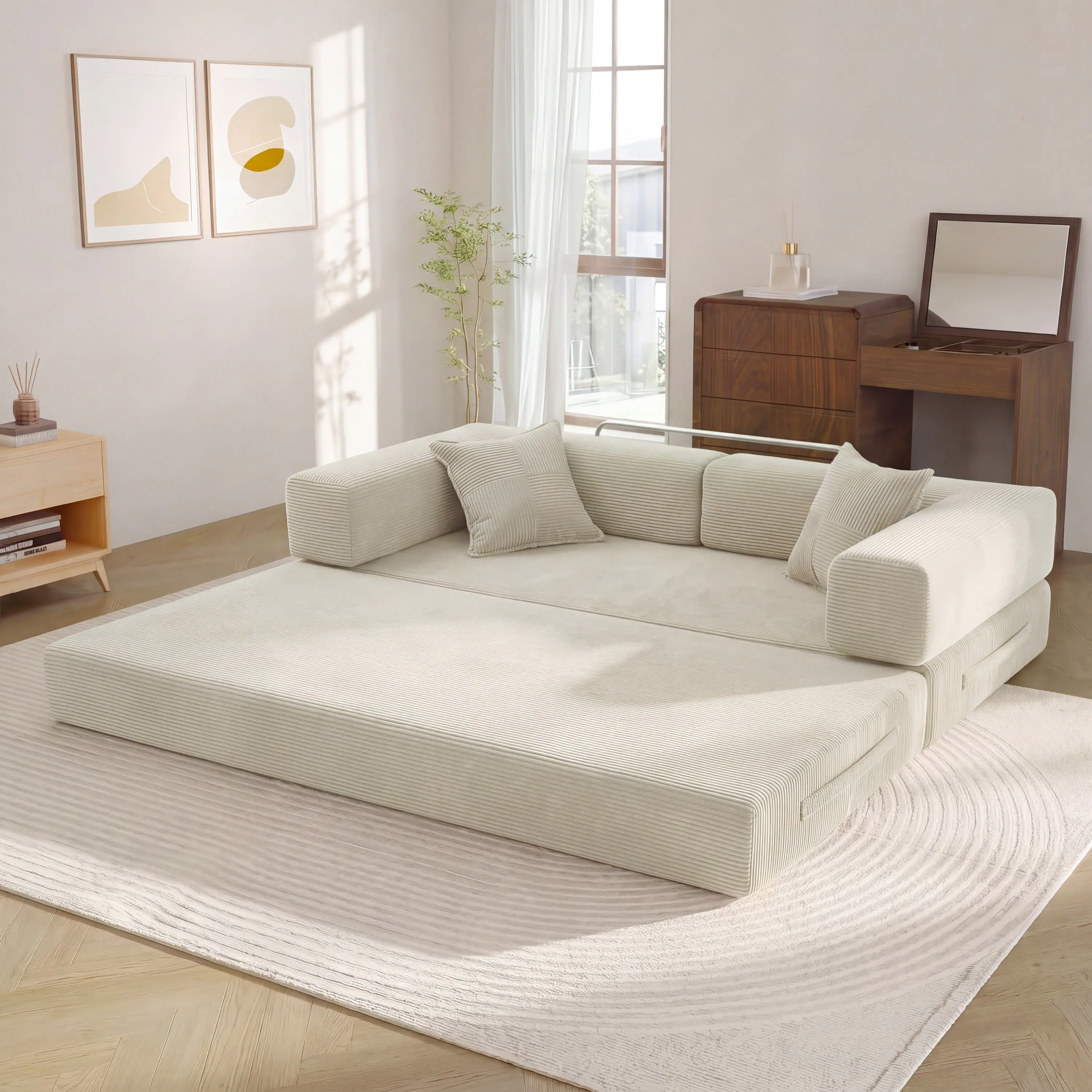 Angle. Dyonery - 78.74" Sectional Modular Sofa Bed, Boneless Loveseat Couch with Armrest for Living Room Bedroom Guest Room - Beige.