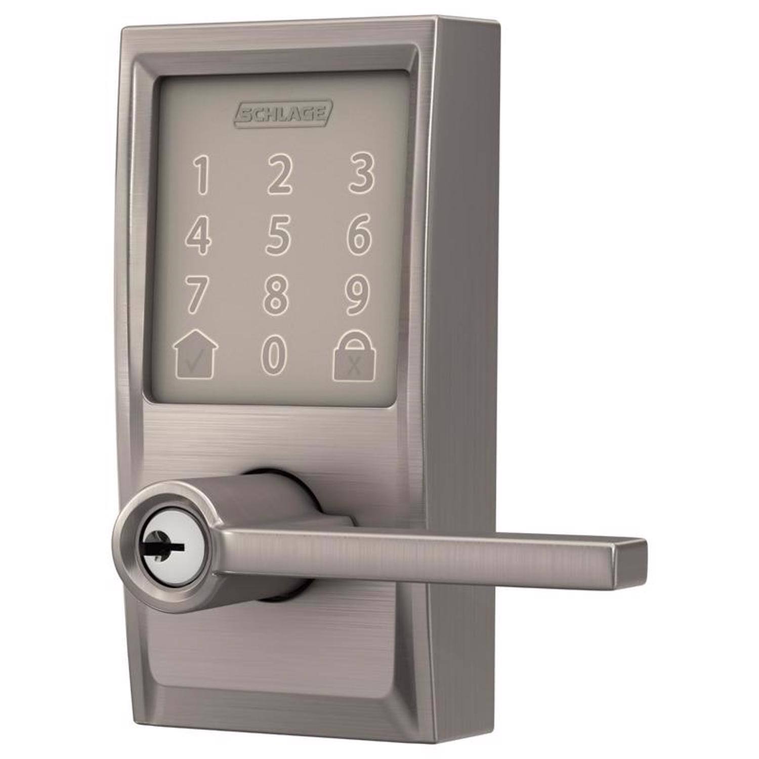 Angle. Schlage - Schlage Encode Satin Nickel Metal Wi-Fi Deadbolt with Latitude Lever - Satin Nickel.