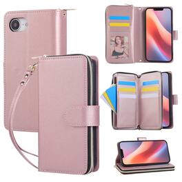 Dteck - Crossbody Wallet Case for Apple iPhone 17e, Shockproof Zipper Pocket PU Leather Folio Cover with 9 Card Slots - Rosegold