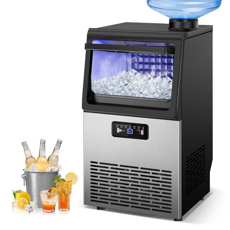 Front. HOOURE - 13.5 in. 80LBS/24H Freestanding Full Size Cubes Commercial Freestanding Ice Maker in Black - Stainless steel.
