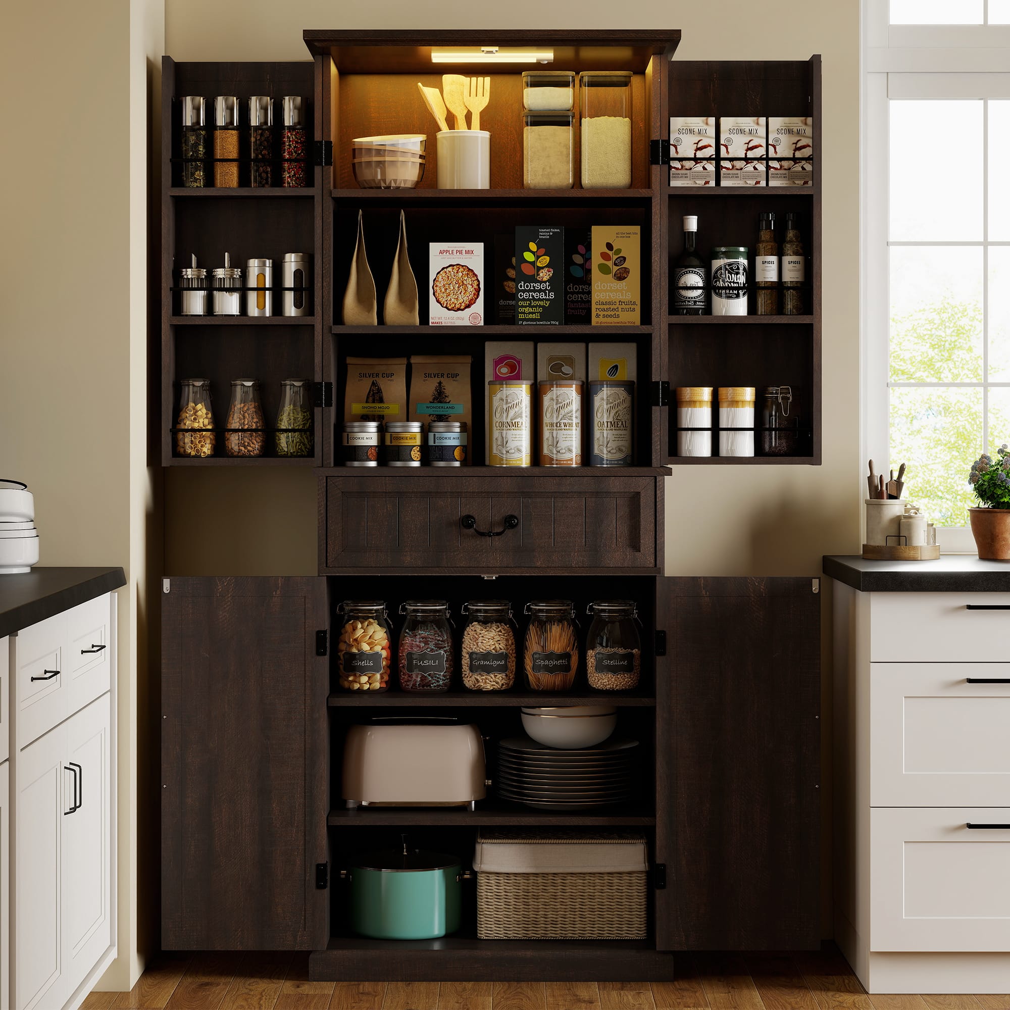Homcom - LED Kitchen Pantry Cabinet, Farmhouse Storage Cabinet with Door Shelves - Brown