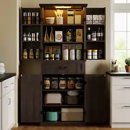 Homcom - LED Kitchen Pantry Cabinet, Farmhouse Storage Cabinet with Door Shelves - Brown