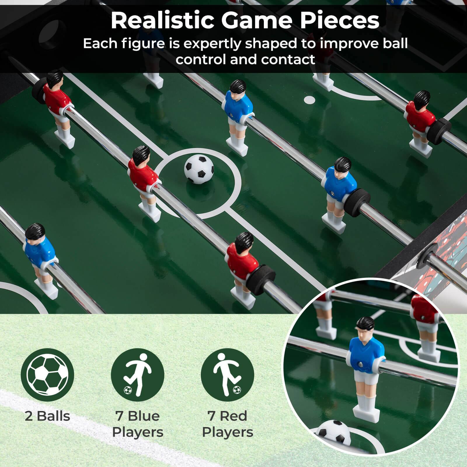 Realistic Game Pieces  
Each figure is expertly shaped to improve ball control and contact  

2 Balls  
7 Blue Players  
7 Red Players
