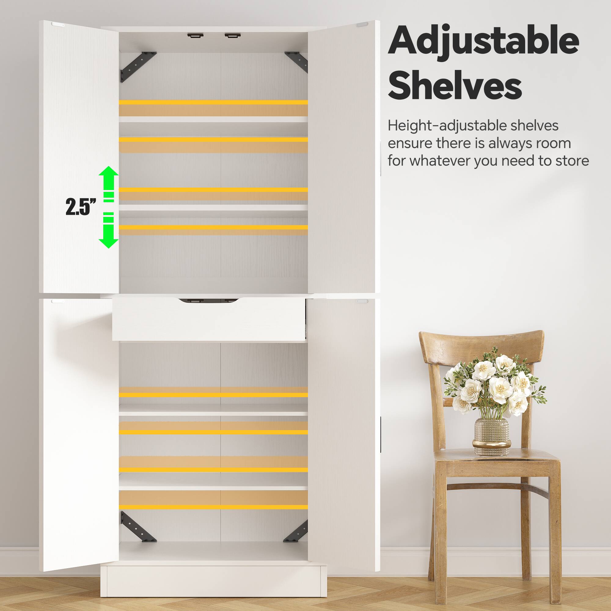 Adjustable Shelves

Height-adjustable shelves ensure there is always room for whatever you need to store

2.5"