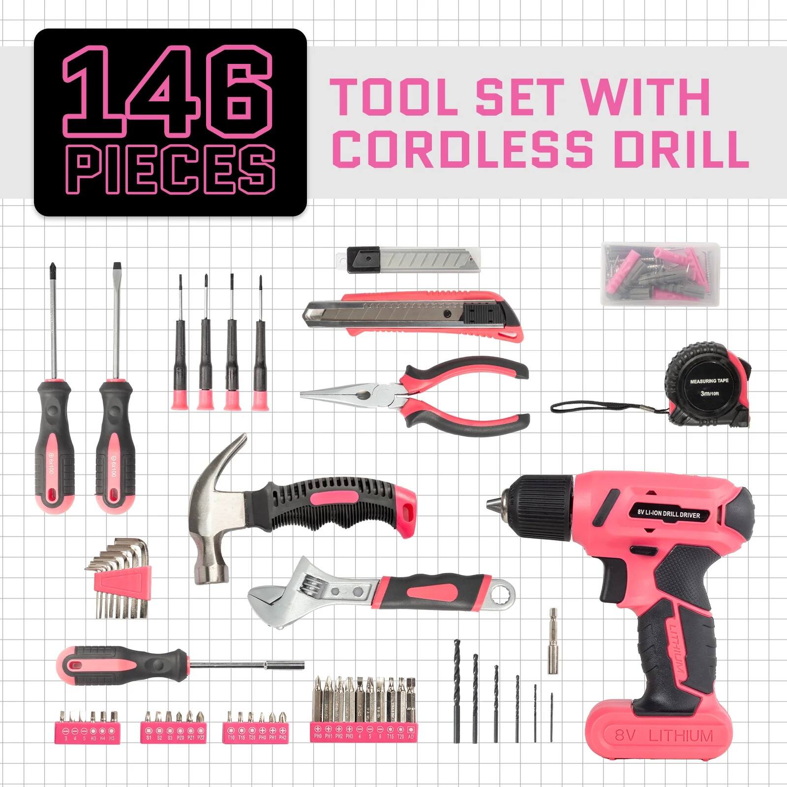146 PIECES TOOL SET WITH CORDLESS DRILL  
8V LITHIUM
