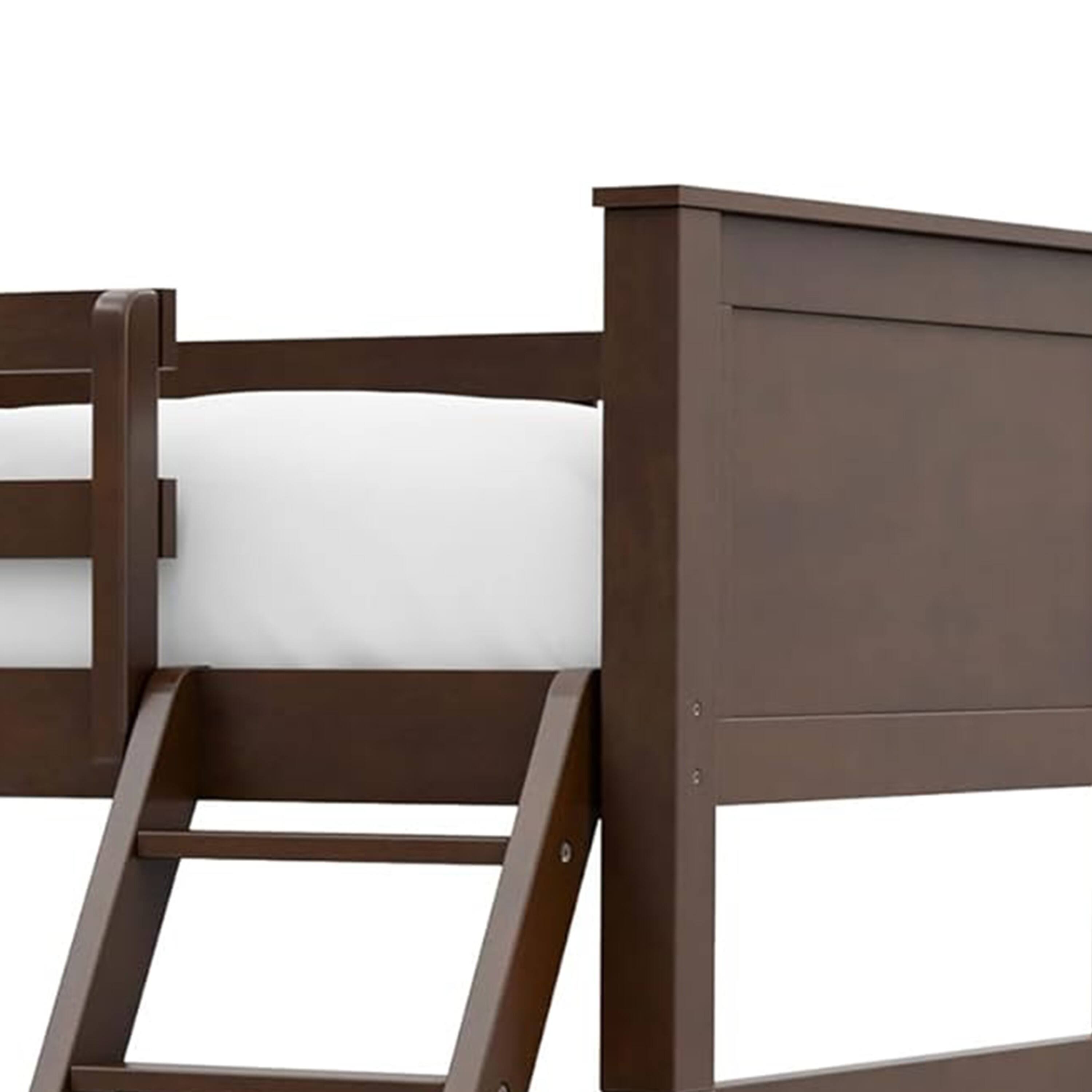 Left. Manhattan Lane - Zedy Twin over Full Bunk Bed with Ladder and Guardrails - Walnut Brown.