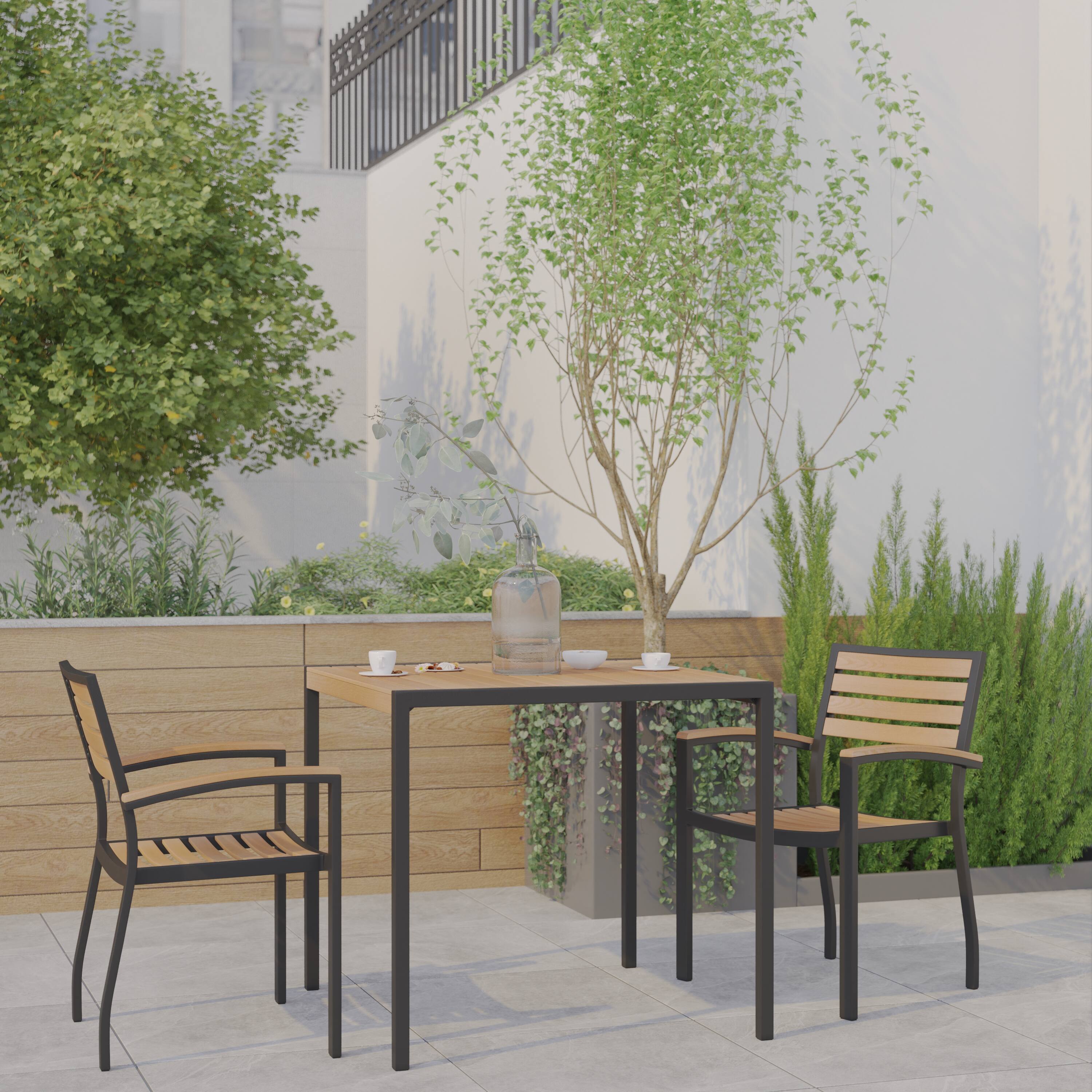 Alt View 1. Emma + Oliver - Indoor/Outdoor Faux Teak Table-Umbrella Hole-2 Club Chairs - Teak.