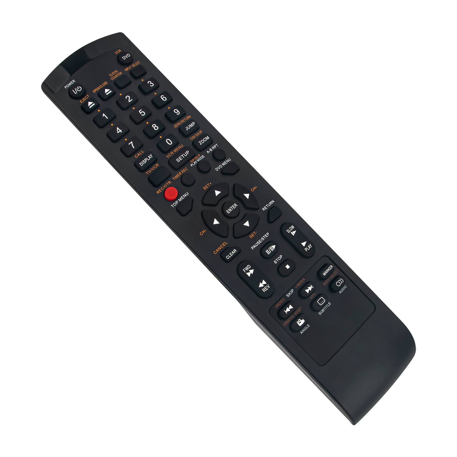 VCR DVD INFOT SELECT CLOCK! COUNTER POWER OPENCLOSE 3 1/0 EJECT 2 6 IV 1 5 9 4 8 ZERORETURN JUMP SKIP 7 0 ZOOM CALL VCR MENU SETUP A-BRPT DISPLAY SPIBLE MENU TV/VCR DVD TIMER REC RECIOTR SET+ CH+ TOP TOPMENU ENTER RETURN CH- SET- SLOW CANCEL CLEAR PAUSEISTEP H/U PLAY STOP FWD MARKER REV *INDEX I (CO SKIP AUDIO -INDEX SUBTITLE COUNTER ANGLE