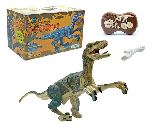 Sure, here is the corrected and grouped text from the image:
---
**TOYK REMOTE CONTROL VELOCIRAPTOR**
- Realistic Masking Feature!
- Remote Control
- 12 Chz2 Light y LED Effect
- Roaring Sound Effect
- Multi-Function with Walking Feature
- Rechargeable
- USB 2.0 Rechargeable
- Recommended for ages 6+
- Colors: BLUE, BROWN
---
This text is taken from the packaging of the toy.