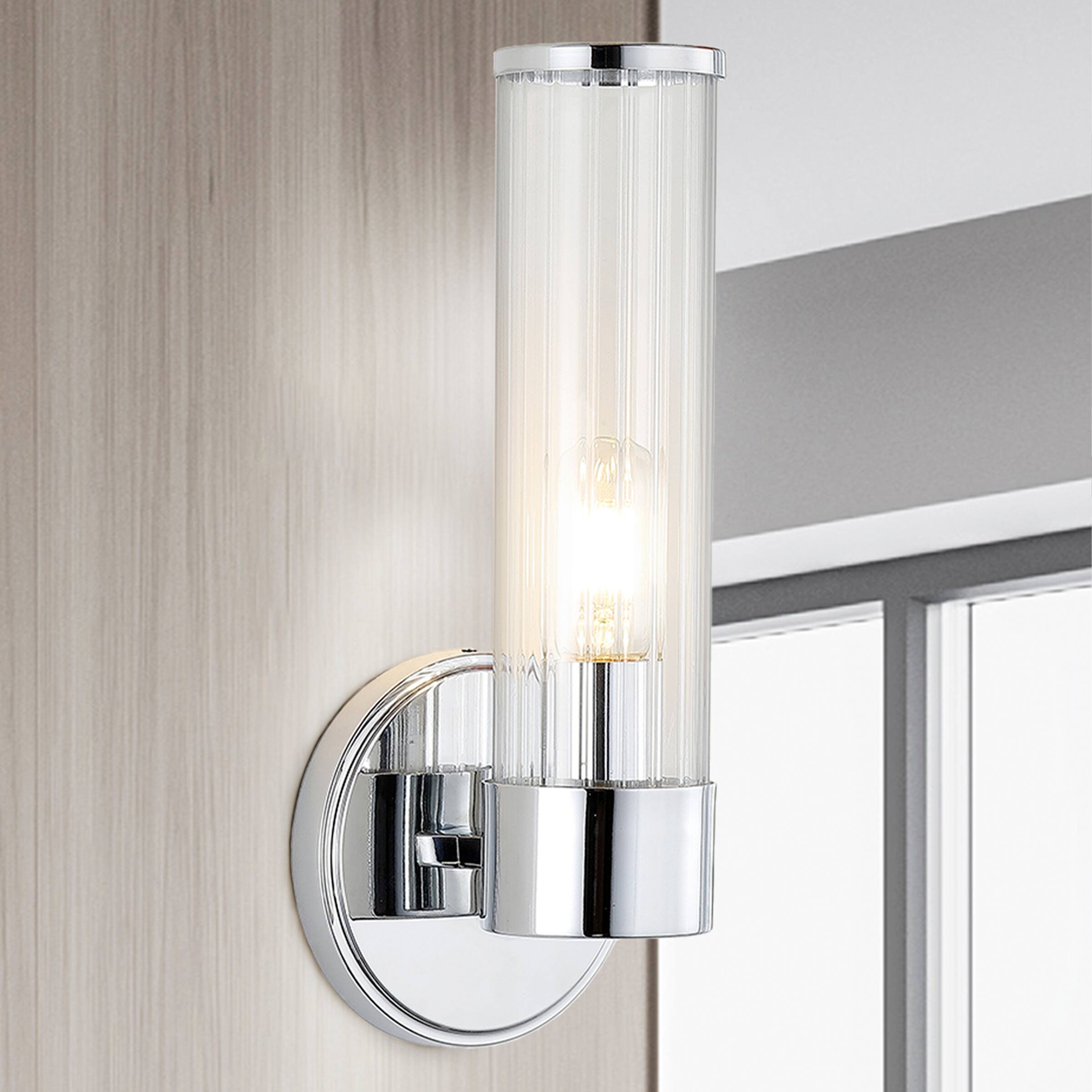 Alt View 1. Jonathan Y - Cecil 6" 1-Light Tall Cylinder Iron/Striped Glass Modern Mid-Century LED Vanity, Chrome - Chrome.