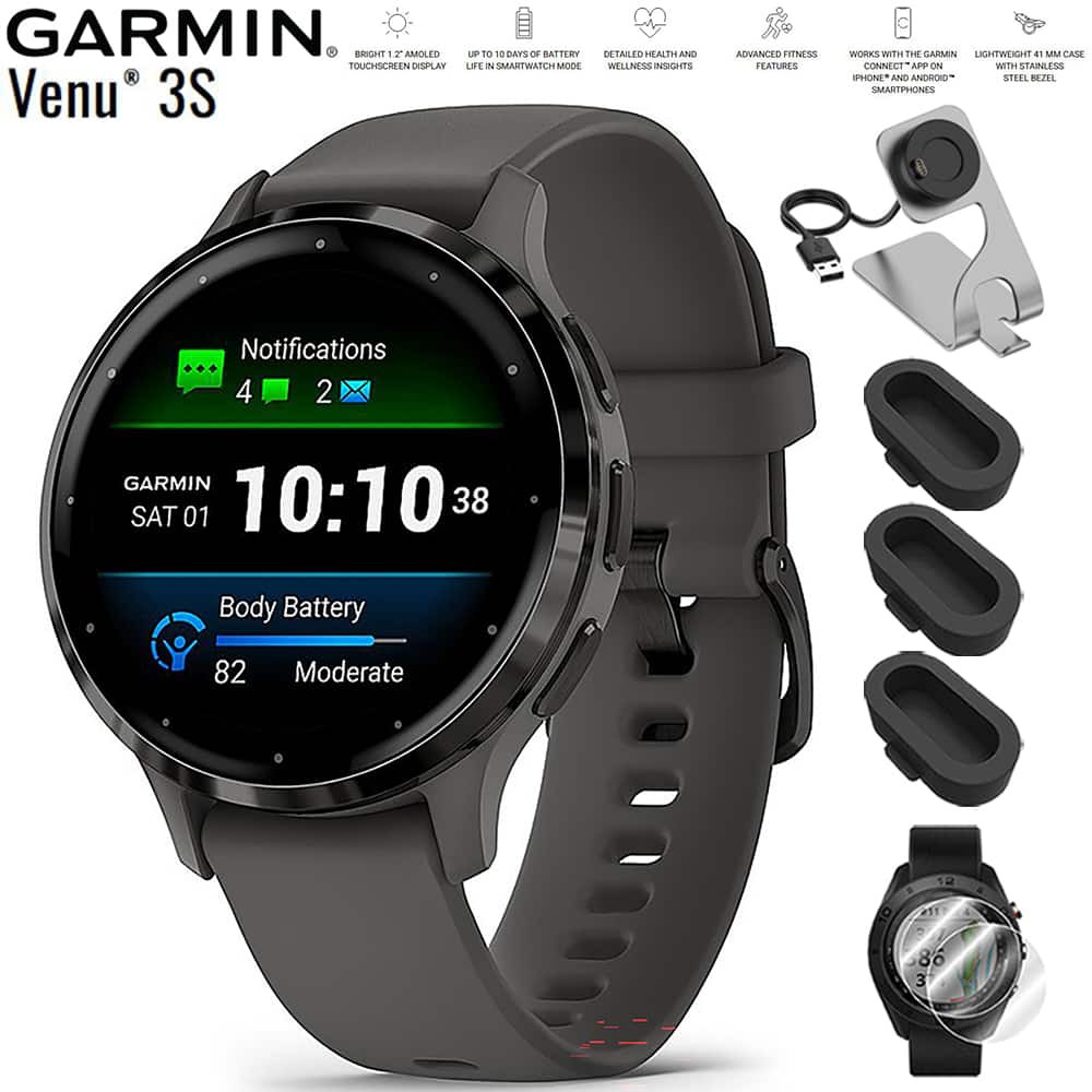 GARMIN Venu 3S

- BRIGHT 1.2" AMOLED TOUCHSCREEN DISPLAY
- UP TO 10 DAYS OF BATTERY LIFE IN SMARTWATCH MODE
- DETAILED HEALTH AND WELLNESS INSIGHTS
- ADVANCED FITNESS FEATURES
- WORKS WITH THE GARMIN IPHONE AND ANDROID SMARTPHONES
- LIGHTWEIGHT 41 MM CASE WITH STAINLESS STEEL BEZEL

Notifications
4 2

GARMIN
SAT 01
10:10
38

Body Battery
82
Moderate