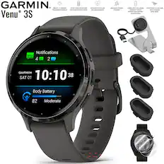 GARMIN Venu 3S
- BRIGHT 1.2" AMOLED TOUCHSCREEN DISPLAY
- UP TO 10 DAYS OF BATTERY LIFE IN SMARTWATCH MODE
- DETAILED HEALTH AND WELLNESS INSIGHTS
- ADVANCED FITNESS FEATURES
- WORKS WITH THE GARMIN IPHONE AND ANDROID SMARTPHONES
- LIGHTWEIGHT 41 MM CASE WITH STAINLESS STEEL BEZEL
Notifications
4 2
GARMIN
SAT 01
10:10
38
Body Battery
82
Moderate