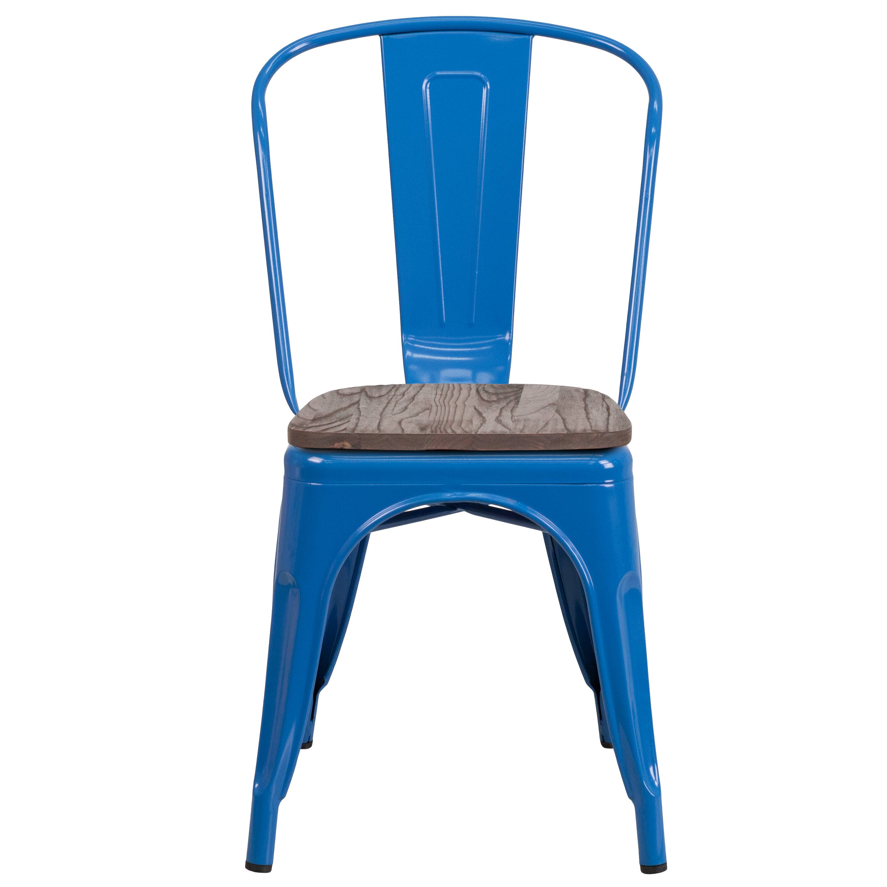 Alt View 5. Emma + Oliver - Colorful Metal Stackable Dining Chair with Wood Seat - Blue.