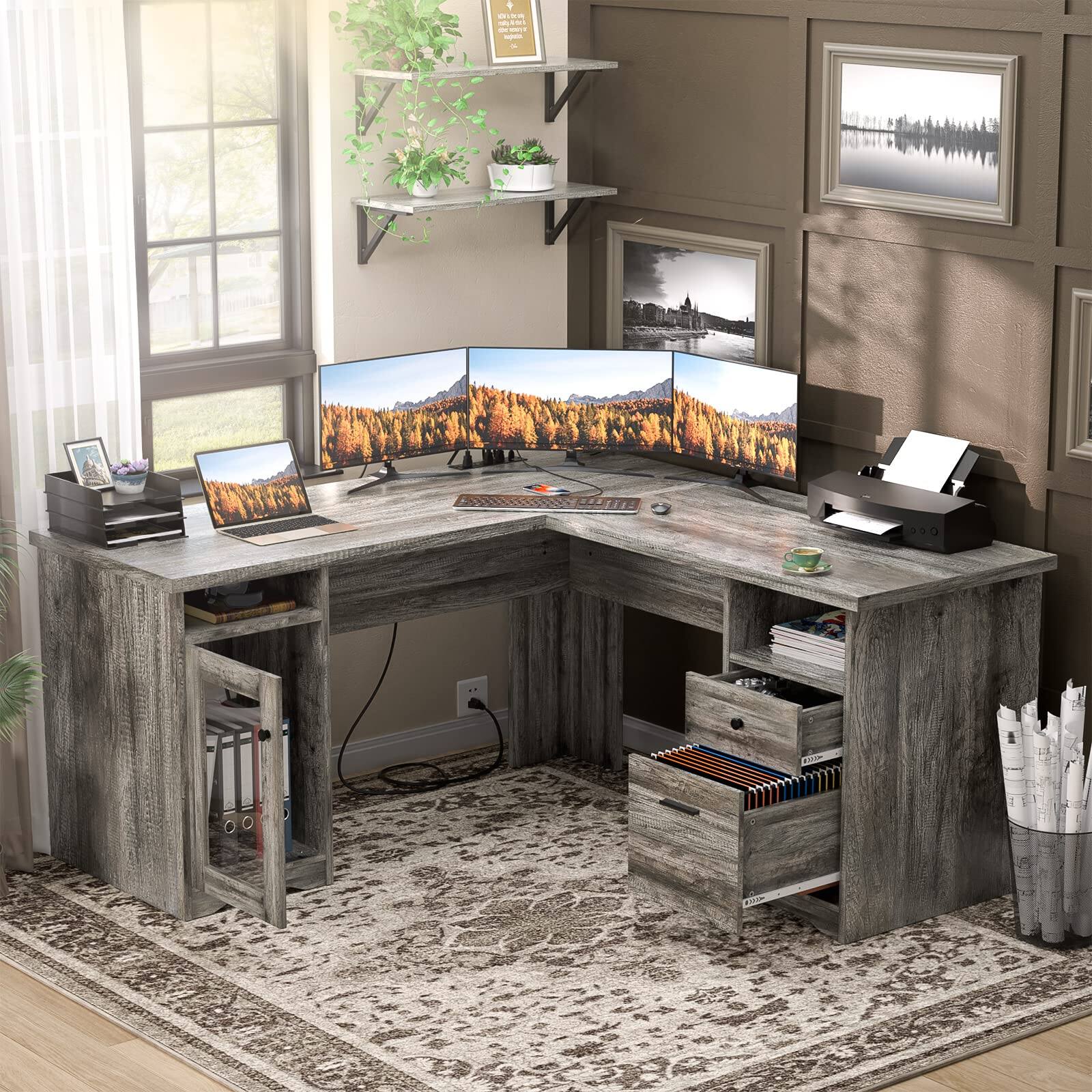 Alt View 2. Aheaplus - 60"L-Shaped Corner Desk - Sturdy 2-Person Executive Desk with Storage/File Cabinets & Power/USB Ports - Gray Oak.