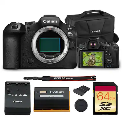 Canon EOS R6 Mark III
Canon LP-E6P
Canon 64GB SDXC
Canon Lens Hood
Canon Camera Bag
Canon Strap
