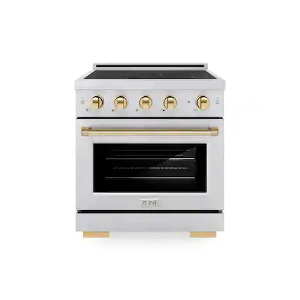 Front. ZLINE - Autograph 30 in. 4.2 cu. ft. Paramount Freestanding Induction Range with 4 Burners in Satin Steel with Gold Accents - Satin Stainless Steel.