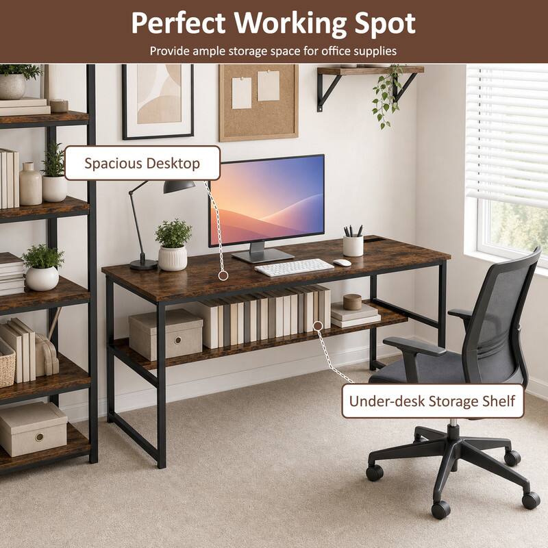 Perfect Working Spot  
Provide ample storage space for office supplies  
Spacious Desktop  
Under-desk Storage Shelf