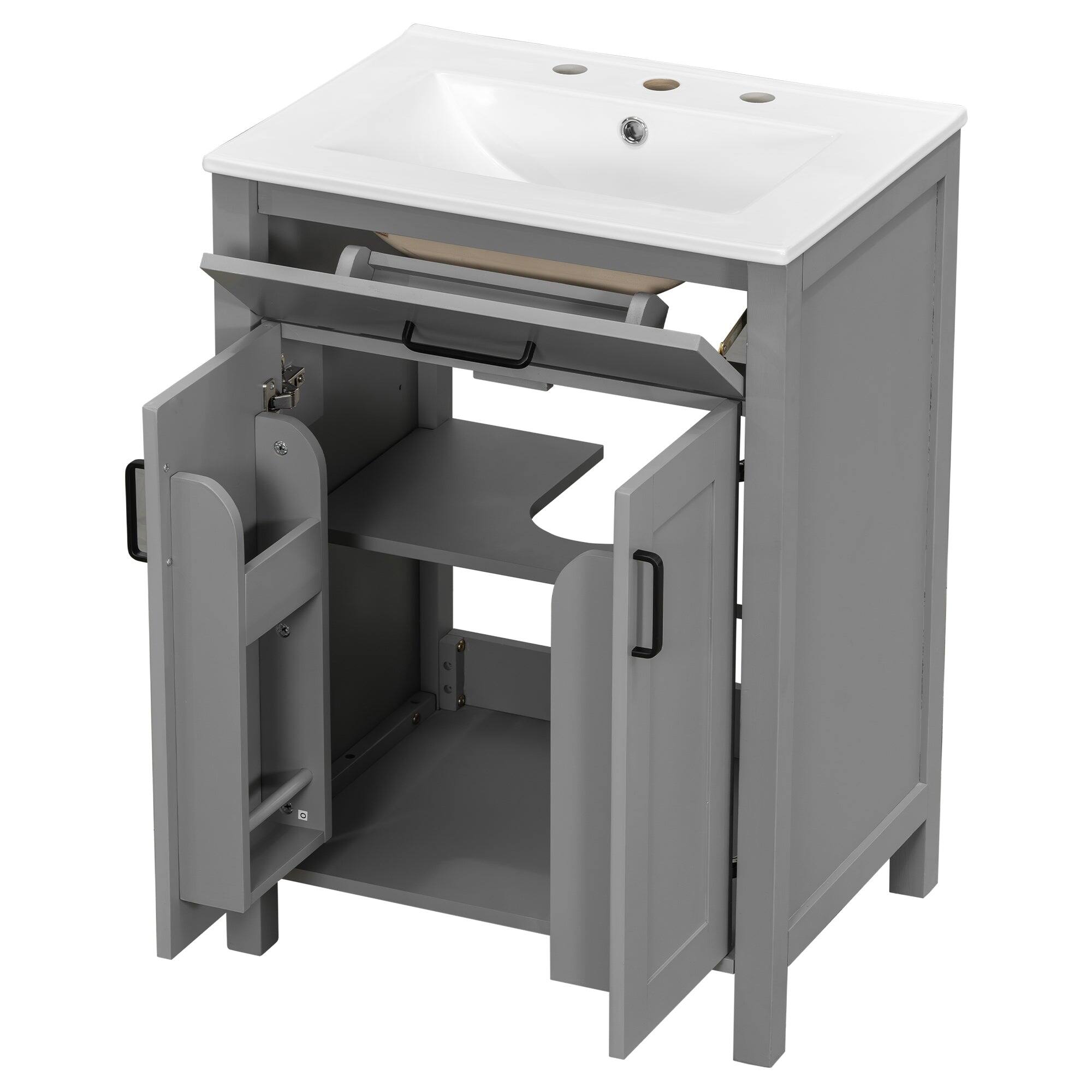 Left. Boyel Living - 24 Inch Gray Bathroom Vanity Combo with Ceramic Sink, Flip-Top Drawer, Adjustable Shelf, Double Door Racks - Gray.