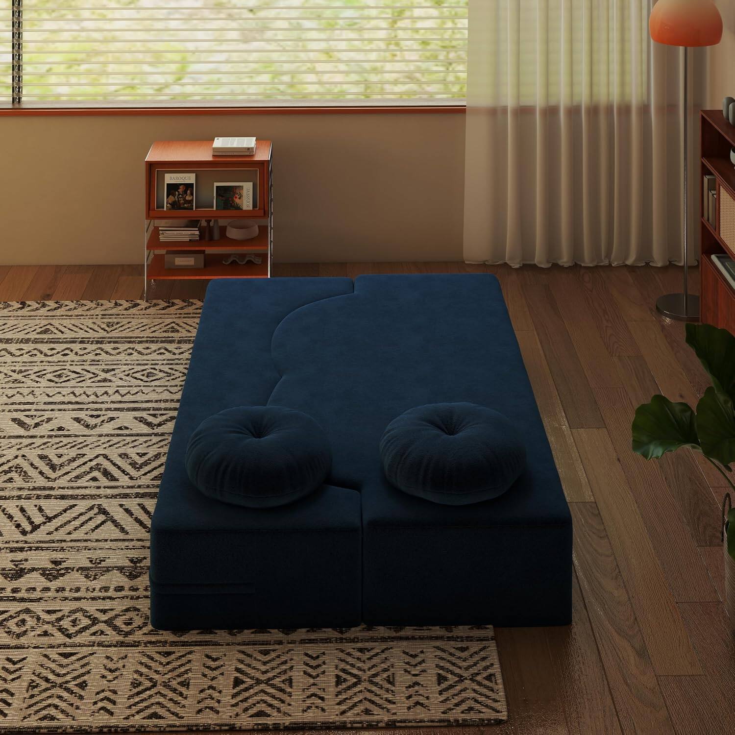 Alt View 4. Trinkets Crazed - 2-in-1 Folding Sofa Bed, Convertible Floor Couch with Full Size Folding Mattres - blue.