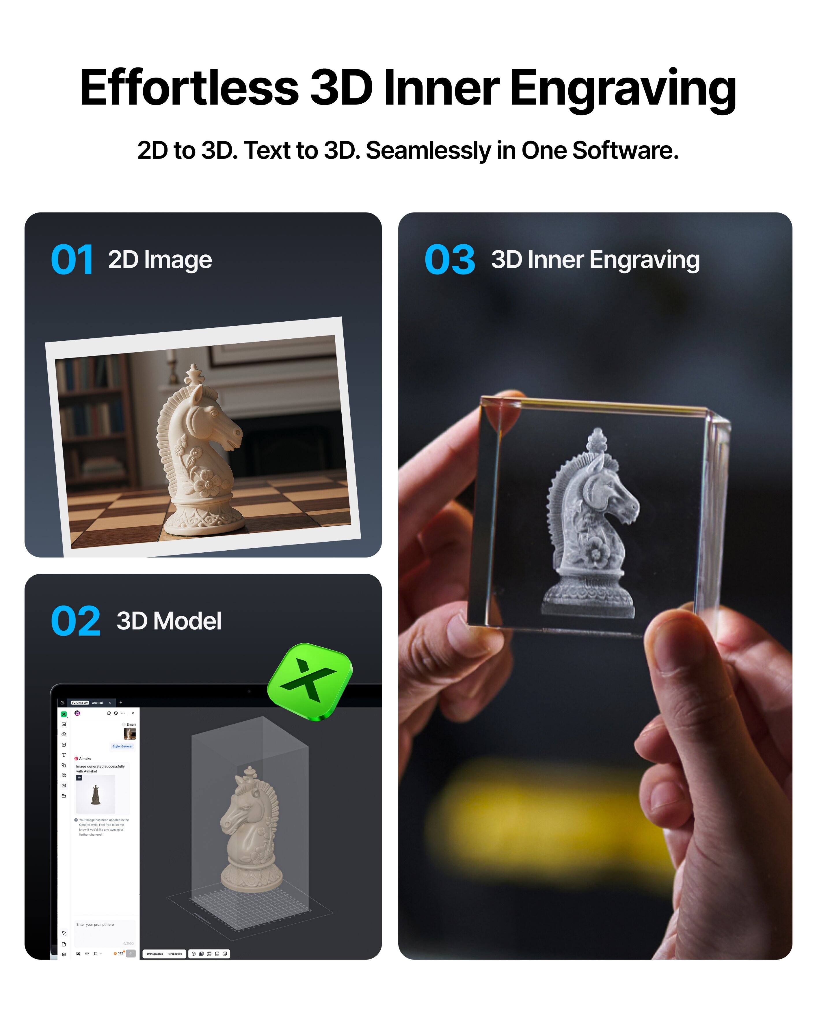Effortless 3D Inner Engraving  
2D to 3D. Text to 3D. Seamlessly in One Software.

01 2D Image  
02 3D Model  
03 3D Inner Engraving