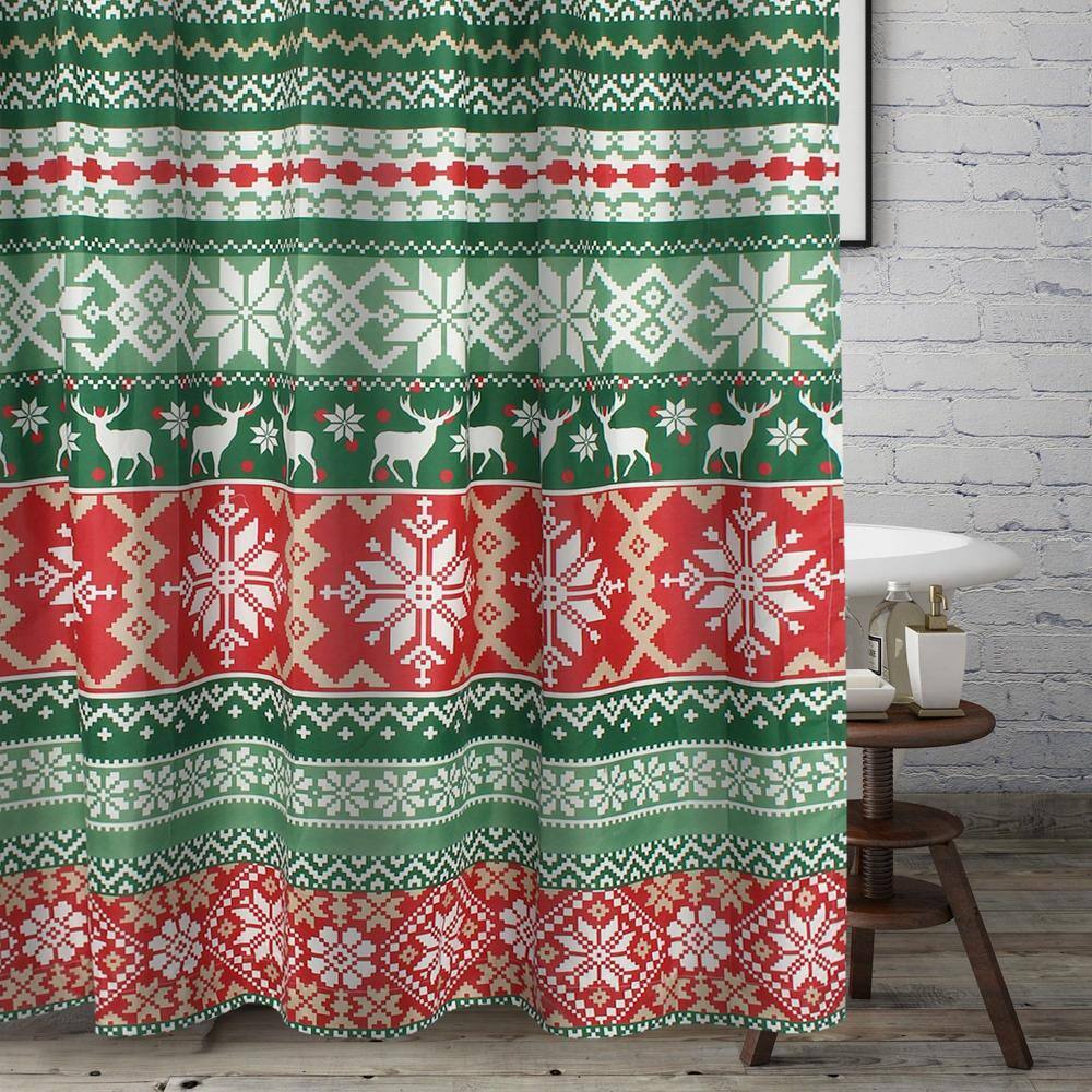 Left. Greenland Home Fashions - Greenland Home Fashion Fair Isle with Reinforced Button Holes Shower Curtain 72" x 72" Red - Red.