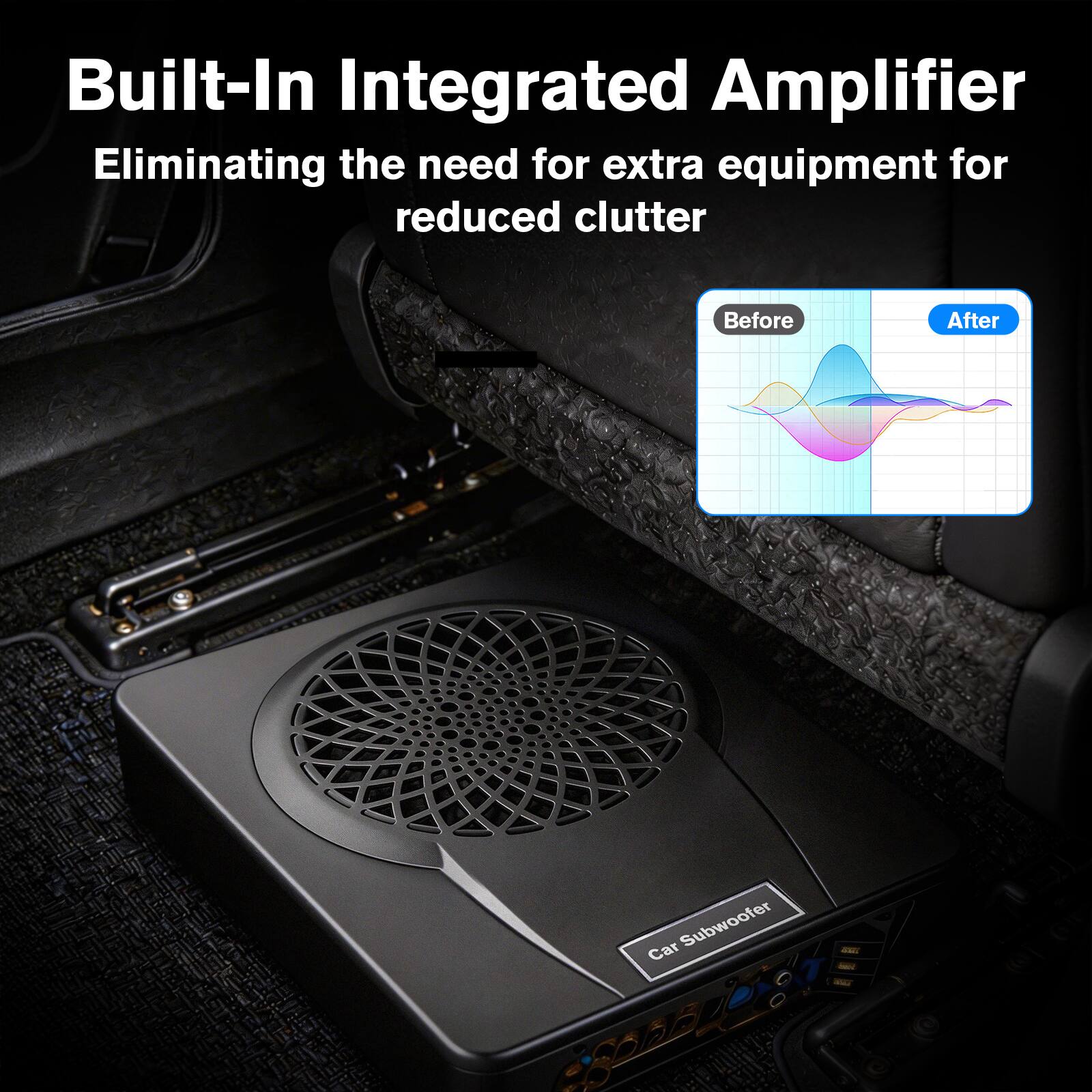 Built-In Integrated Amplifier  
Eliminating the need for extra equipment for reduced clutter  

Before After  

Car Subwoofer
